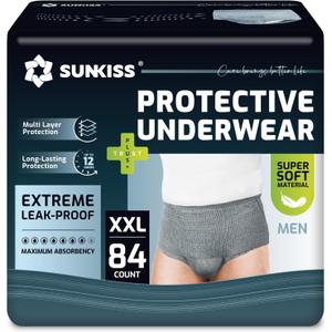 SUNKISS Super Soft Incontinence Underwear for Men, Daytime Disposable Adult Pull Ups, Mens Protective Diapers with Maximum Absorbency, XXLarge, Grey, 84 Count