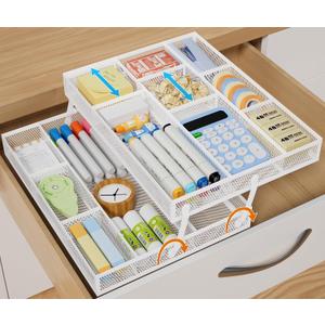 Marbrasse 2 Tier Desk Drawer Organizer, Folding Mesh Drawer Organizer Tray with 2 Sliding Dividers, Desk Organizers and Accessories, Multifunctional Drawer for Office Supplies, Makeup & Vanity (White)