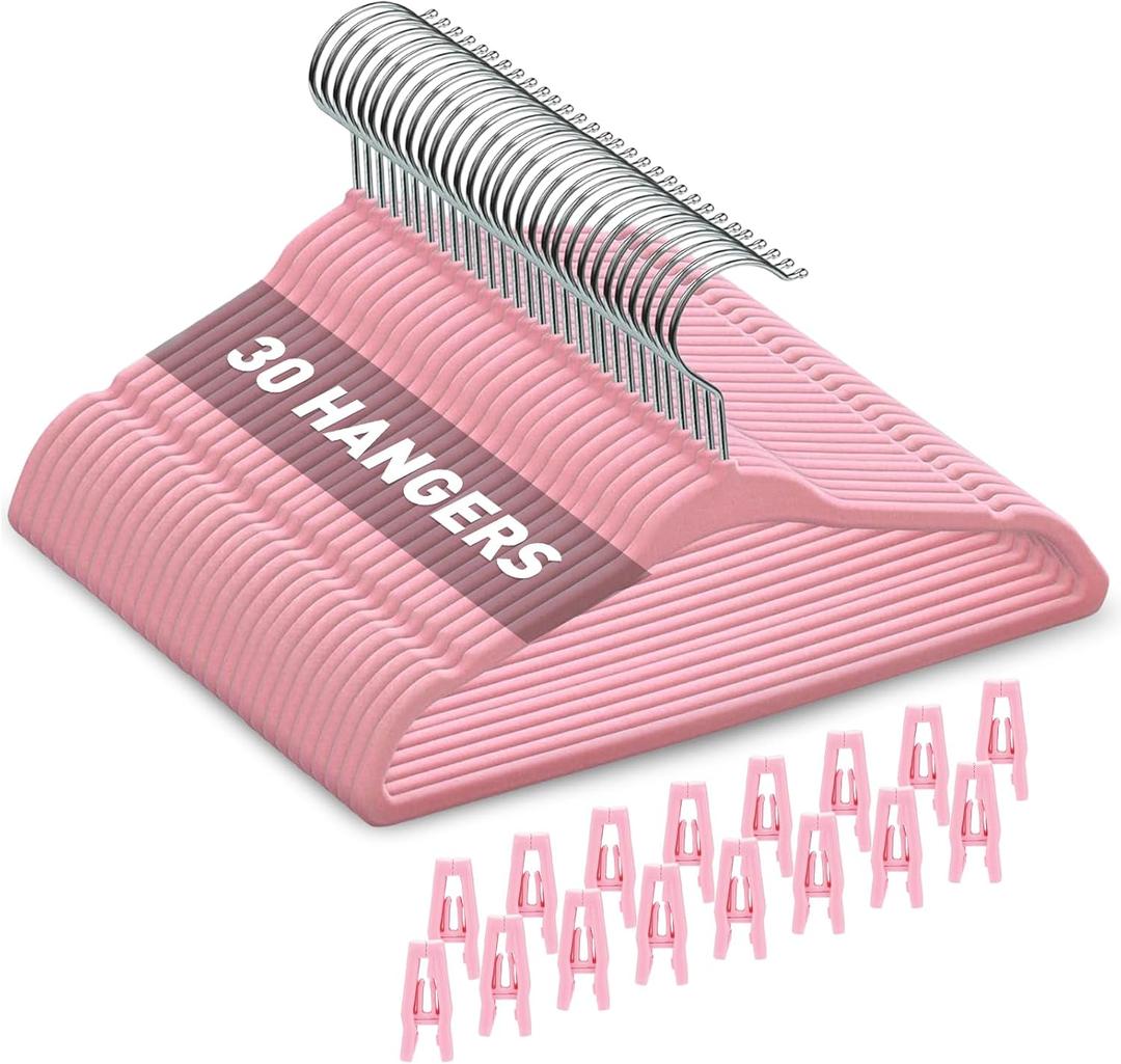 Babyrish Velvet Baby Hangers with Clips (30 Pack) | 11 Ultra-Slim Baby Clothes Hangers | Non-Slip Felt | Space-Saving Nursery & Infant Closet Organizer | Pink
