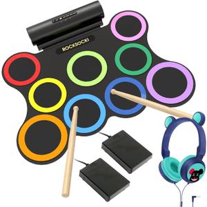 ROCKSOCKI Electric Drum Set 9-Pad With Headphone, Bigger Roll-up Drum Pad USB MIDI Game, Built-in Speaker, Drum Sticks, Foot Pedals 10 Hours Playtime Holiday Xmas Birthday Gift for Kids (9+ yrs old)