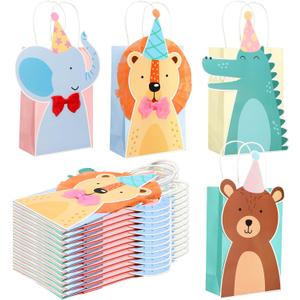 Marspark 20 Pcs Animal Parade Party Gifts Bags with Handles Cute Safari Animal Design Woodland Jungle Paper Bags for Jungle Theme Baby Shower Zoo Wild Birthday Party Supplies