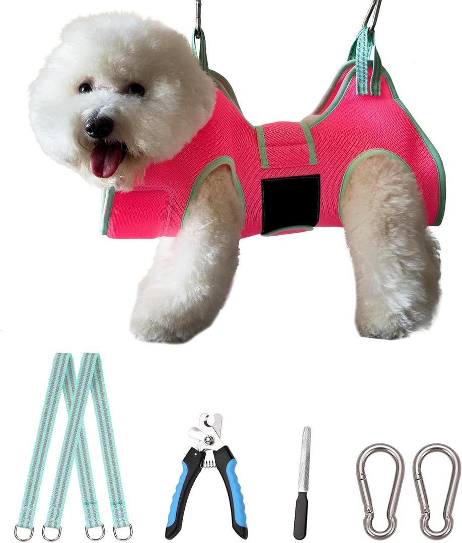 Dog Grooming Hammock with Thick Fabric Neck Support & Wide Strap Restraint for Small Dogs (Small 14-30LB/Pink)
