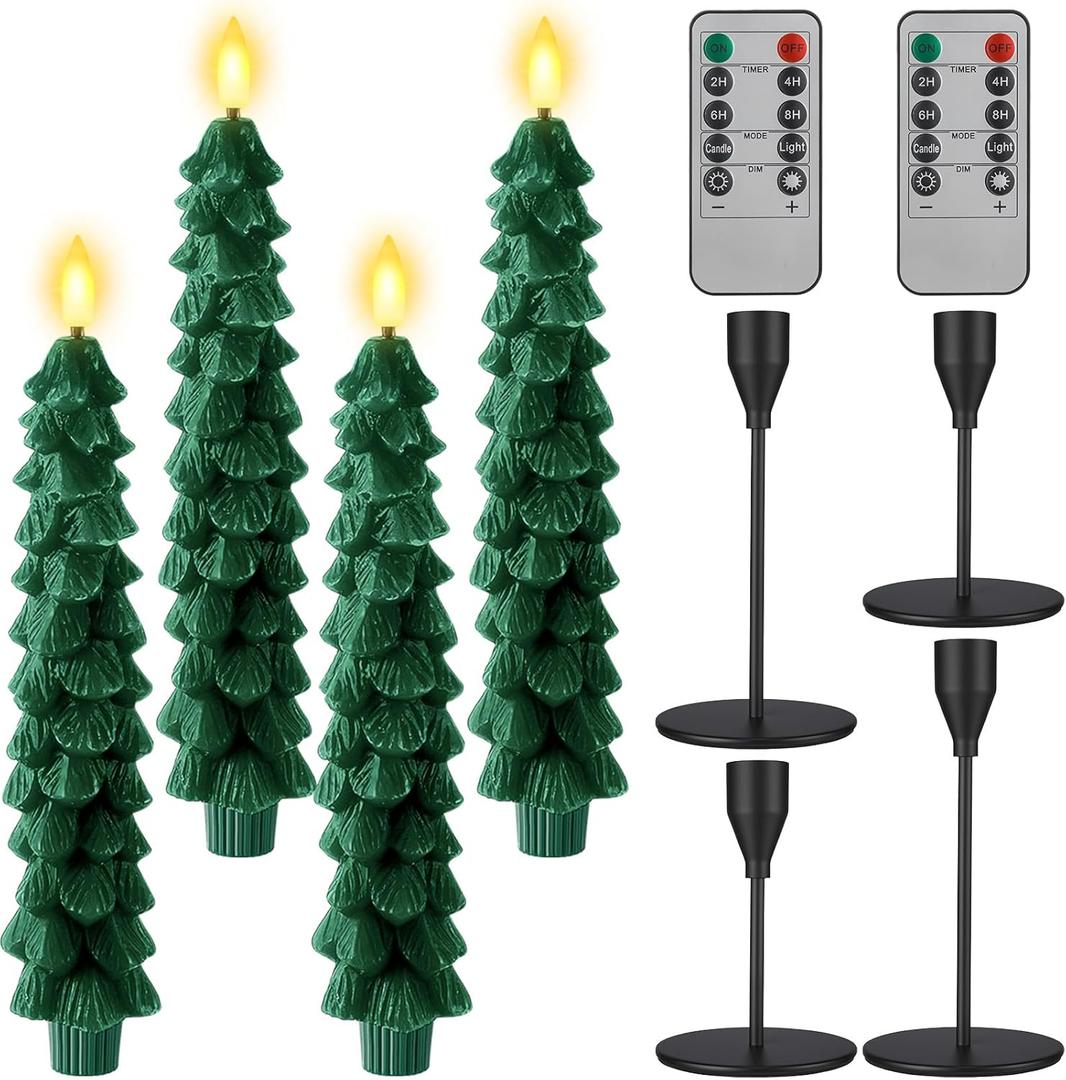 Baquler 4 Sets Flameless Christmas Tree Taper Candles with Holders Remote Control 9.7 LED Taper Candles Battery Operated Candlesticks with 3D Flickering Flame for Holiday Window Fireplace Decor
