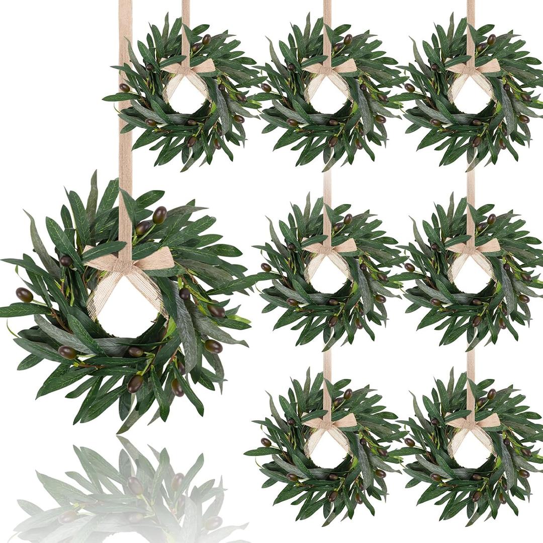8 Pcs Artificial Green Olive Wreaths Greenery Wreath with Olive Leaves Mini Green Kitchen Cabinet Wreaths Swag Spring Summer Wreath for Front Door Porch Wall Window Farmhouse Wedding Decoration