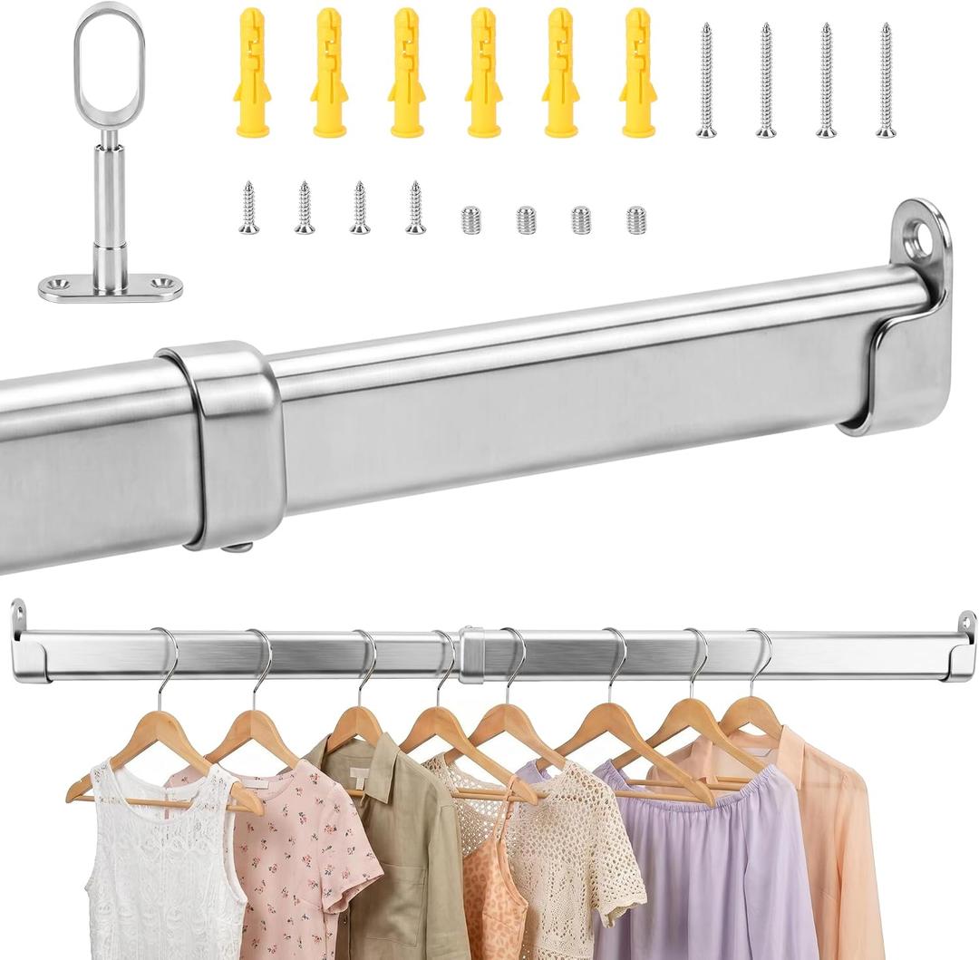 Closet Rods for Hanging Clothes, 34 to 62 Inches Stepless Extendable Stainless Steel Closet Pole, Heavy Duty Clothes Rod for Closet Wardrobes Laundry RV, Flat Oval, Chrome