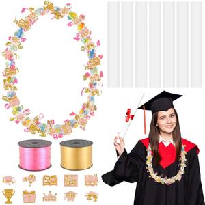 Teling 60 Set Graduation Candy Lei Making Kit Hawaiian Candy Lei Tubing Kit Includes 60 Pcs Candy Lei Bags 2 Rolls Ribbons 600 Pcs Paper Cut for Graduation Party Gift(Dark Pink, Gold)