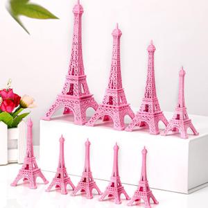 9 Pcs Eiffel Tower Statue Decor Alloy Metal Paris Tower Party Decoration 5 Size Eiffel Decor French Table Stand Holder Gift for Cake Topper Collectible Figurine Replica Home(Pink)
