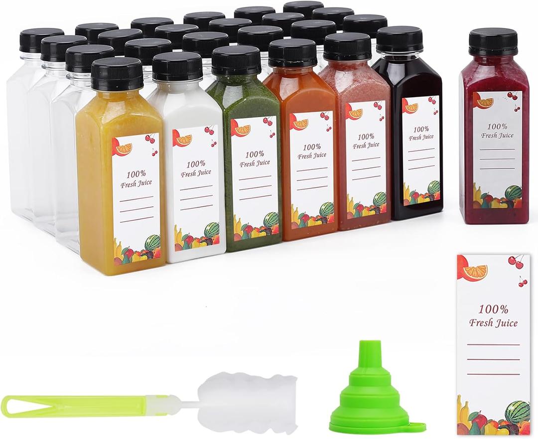 Plastic Juice Bottles 150 pcs 12 oz Empty Plastic Water Bottles with Caps Reusable Clear Beverage Containers for Drinking, Juicing, Smoothie, Water with 2 Brushes, 2 Funnels, 160 Stickers (12 OZ)