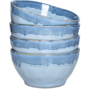 Bosmarlin Ceramic Soup Bowl Set of 4, 28 Oz, Cereal Bowl for Oatmeal, Dishwasher and Microwave Safe, Reactive Glaze (Blue, 6 inches)
