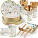 350PCS Sage Greenery Baby Shower Party Supplies Serves 50 Guests Oh Baby Paper Plates, Napkins,Cups, Plastic Forks, Knives,Spoons