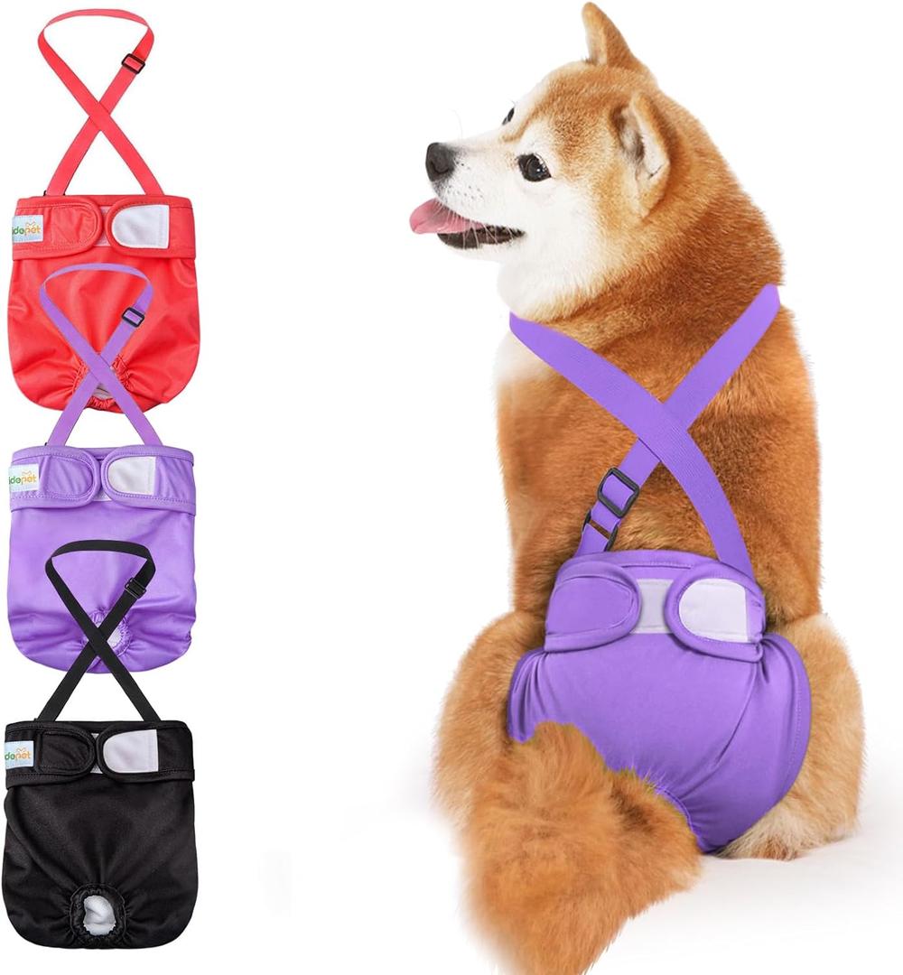 Idepet Female Dog Diapers with Suspender 3 Pack Washable Reusable Doggie Diapers for Small Medium Female Dog in Heat Period Cycle Urinary Incontinence Training, Black+Red+Purple XS