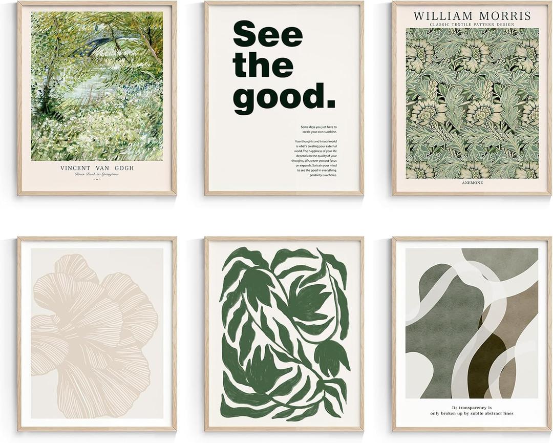 Habseligkeit Green Wall Art Prints, Retro Wall Decors for Room Aesthtic, Abstract Posters for Bedroom Decor Aesthetic Unframed, 8X10in, Set of 6
