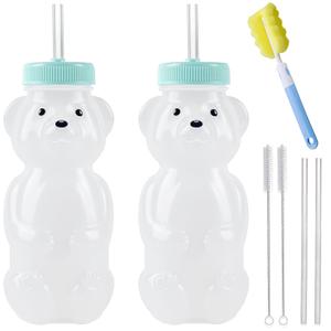 Honey Bear Straw Cups, Juice Bear Bottle Drinking Cup Long Straws with 4 Flexible Straws & Cleaning Tools, 8-Ounce Therapy Sippy Bottles for Speech and Feeding Training, Food-Grade & BPA Free 2 Pack