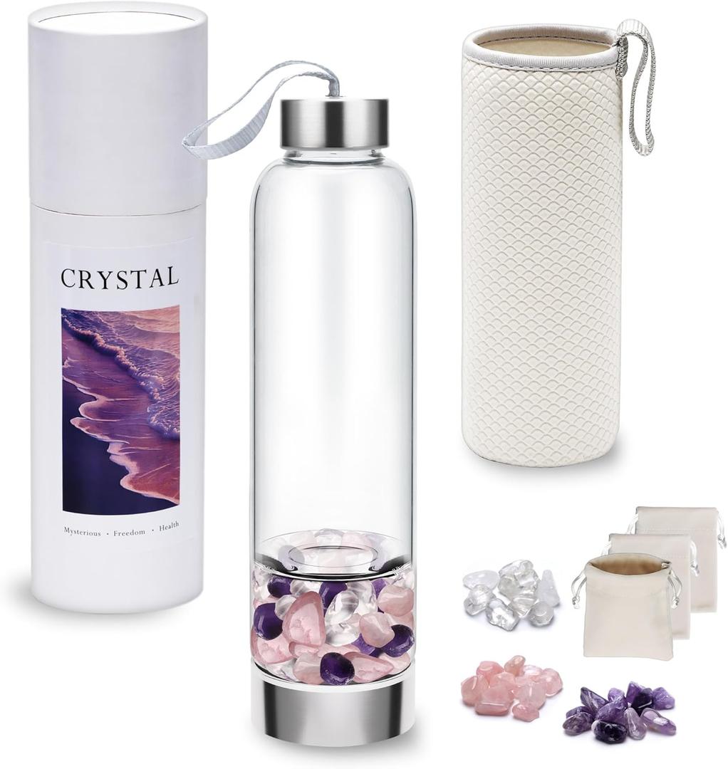 Crystal Water Bottle with 3 Changeable Stones-Amethyst, Rose Quartz & Clear Quartz Crystals,for Tea Lovers