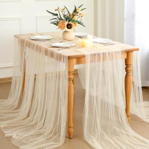 Hahafelt Set of 6 Pearl Table Runner 10 ft Boho Tulle Table Runner with Pearls Tulle Fabric Lace Tablecloth for Baby Shower Wedding Arch Decor Veil Dessert Decor(Champagne Gold)