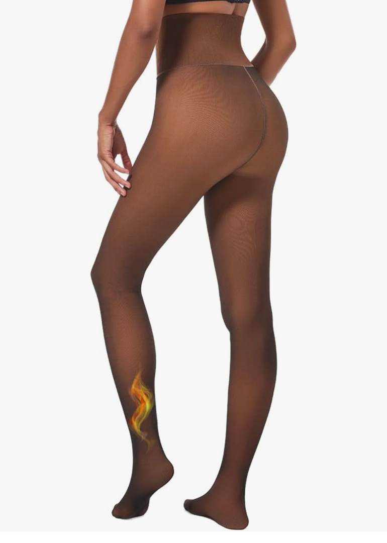 High Waisted Lightweight Fleece Lined Tights,Seamless Control Compression Fake Translucent Dark Skin Shaping Insulated Tights, Large