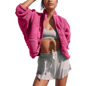 Omoone Women's Cropped Fleece Jacket Faux Fur Sherpa Coat Jackets Winter Outwear (X-Large, Rose Red)
