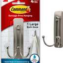 Command Large Double Bathroom Wall Hook, Damage Free Hanging Bath Hook with Adhesive Strip, Double Hook for Hanging Bath Towels, 1 Satin Nickel Colored Wall Hook and 1 Water-Resistant Command Strip