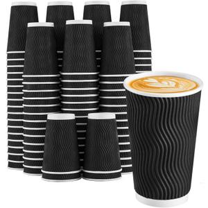 Lamosi Disposable Coffee Cups 16 OZ 90 Pack, Paper Coffee Cups 16 OZ for Hot Drinks or Cold Beverages, Insulated Corrugated Ripple Wall Cup No Lids for Office, Cafe, Home or Travel (Black)