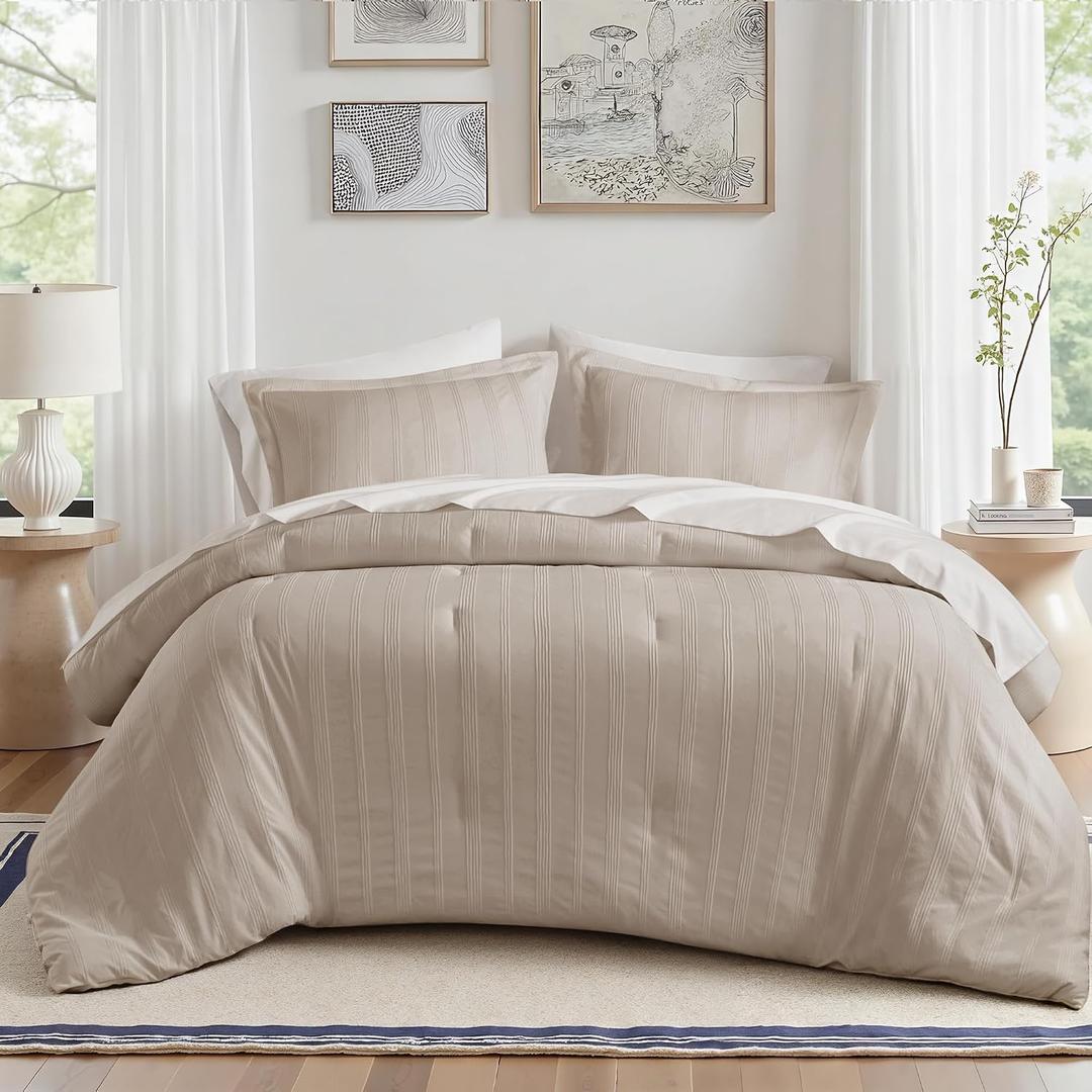 Madison Park Essentials Striped Comforter Set Cal King, 7 Pieces Modern Minimalist Jacquard Bedding Set for All Season, Bed in A Bag with Sheet Set and Soft Brushed Reverse, Lightweight Neutral, California King