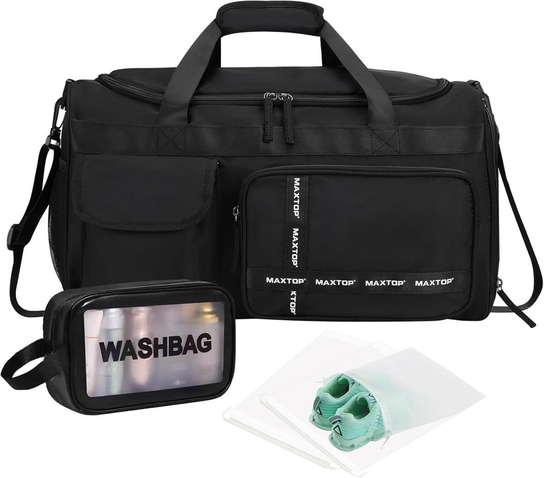 MAXTOP Gym Bag for Women Men Travel Duffle Bag Large Capacity Carry On Weekender Overnight Bag With Shoe Compartment Gym Tote Dry Wet Separation Duffel Bag for Travel (Black Set)