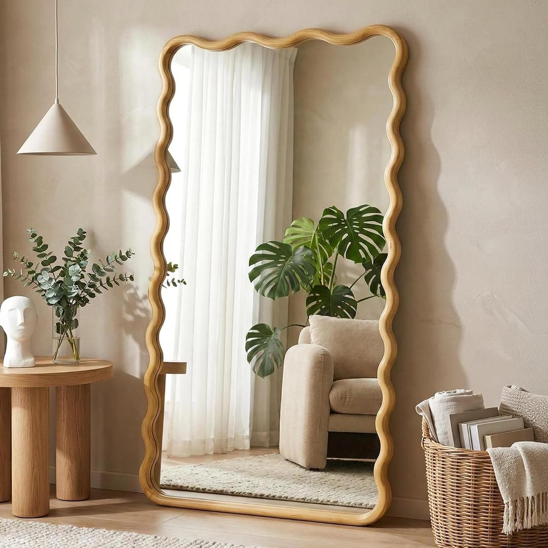 TRAHOME Wavy Mirror for Wall, 55"x28" Boho Wavy Wood Mirror Large Full Length Decorative Mirror with Tempered Glass, Natural Wooden Frame Vanity Mirror for Bedroom, Living Room, Entryway