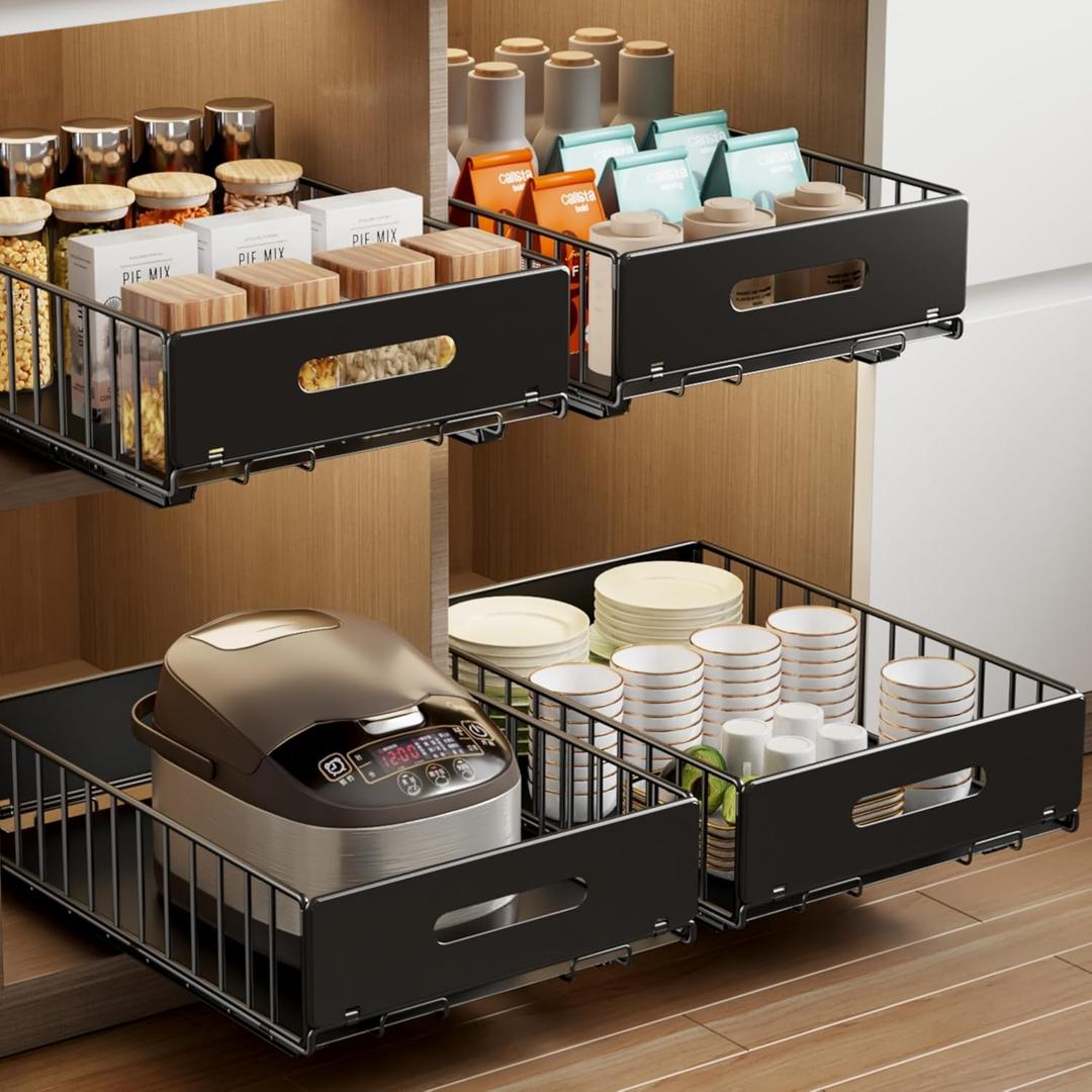 2 Pack Pull Out Cabinet Organizer, Slide Out Drawers for Cabinets, Peel and Stick, Heavy Duty Shelves for Kitchen, Cupboard, Pantry, Bathroom (16.5"D*11.8"W*3.94"H-Black) (16.5"D*11.8"W*3.94"H, Black)