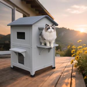 Insulated Outdoor Cat House Weatherproof for Feral Multi Cat, 2 Story Plastic Elevated Cat Shelter with Escape Door, Easy Assemble, Expansive Interior Grey (Large)
