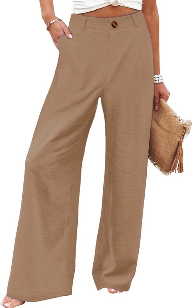 Fooullaide Women High Waist Wide Leg Palazzo Dressy Work Pants with Pocket (Brown, M)