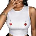 Hilinker Women's Summer Tank Tops Sleeveless Letter Graphic Printed Ribbed Knit Basic Crop Cami Tops Shirt (Large, White Two Cherry)