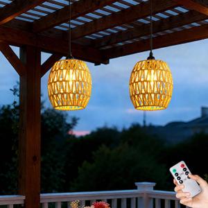 Battery Operated Chandelier, 2 Pack Natural Rattan Pendant Lights - Waterproof Outdoor Boho Hanging Lamps with Egg-Shaped Design, for Patios, Pergolas, Porch, Gazebo & Indoor Ceiling Decor