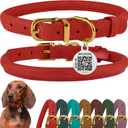 BronzeDog Rolled Leather Dog Collar with QR ID Tag, Adjustable Soft Round Collars for Small Medium Large Dogs Puppy (16" - 19" Neck Size, Classic Red)