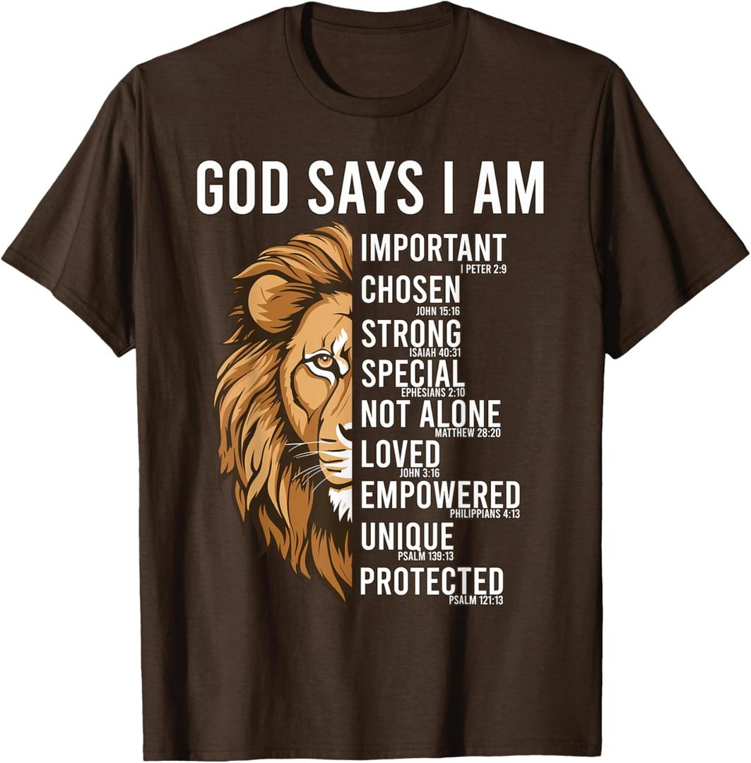 Mens Christian Lion of Judah God Says I Am Jesus Bible Verse T-Shirt, S