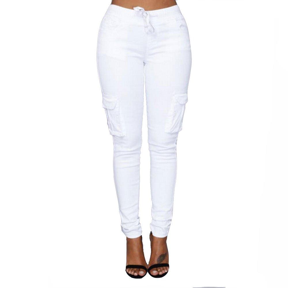Women's Solid Color Stretch Cargo Joggers Casual Pockets Drawstring Skinny Pants, 2XL