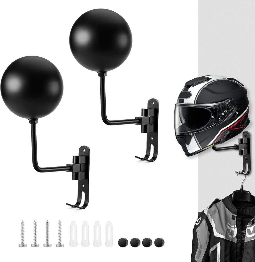 Motorcycle Helmet Rack 2 PCS, Helmet Holder Wall Mount 180 Degree Rotation Helmet Hanger with Double Hook for Coats, Caps, Hats, Motorcycle Accessories