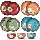 Reallnaive 10 Pcs Ceramic Bowls and Deep Plates Floral Dinnerware Set of 4 Colorful Porcelain Microwave and Dishwasher Safe for Cereal Salad Soup Dessert Kitchen Breakfast Lunch Dinner Tea Party