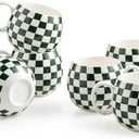 LAUCHUH 18oz Coffee Mugs, Large Coffee Cups Ceramic Checkered Cappuccino Cups with Handle Mug Set of 4 for Thanksgiving, Christmas, Tea, Cocoa, Milk, Green and White