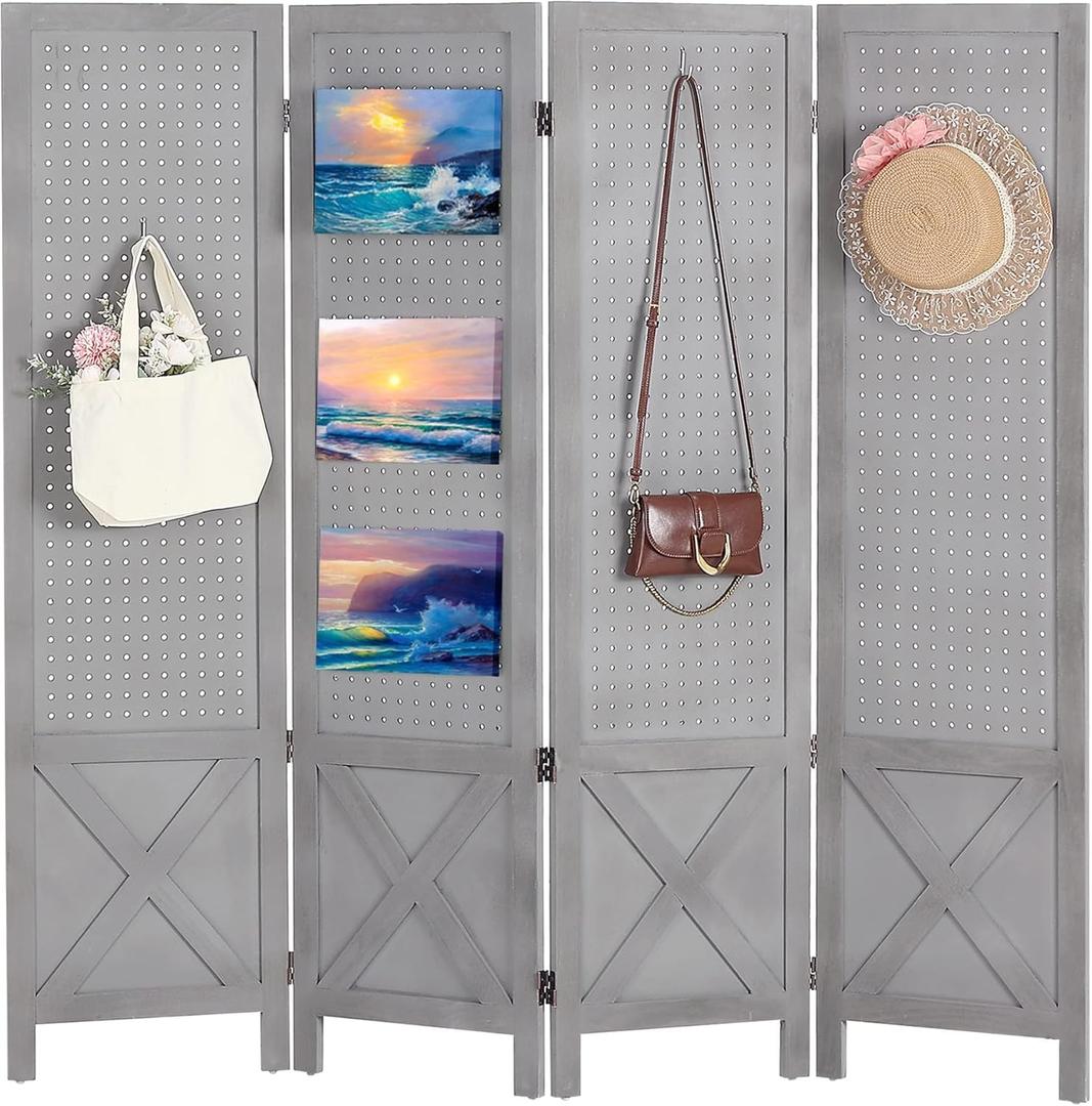 Wnutrees 4 Panel Pegboard Display, 5 Ft Wood Folding Privacy Screens Room Divider, Portable Freestanding Display Board for Craft/Art Shows, Retail, Events, Wall Organizer, Rustic Barnwood, Grey