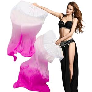 Professional Belly Dance Fans Veils Pair (Left+Right),180x90cm Faux Silk Fan Veils for Oriental Dance Performances Stage Shows (white rose)