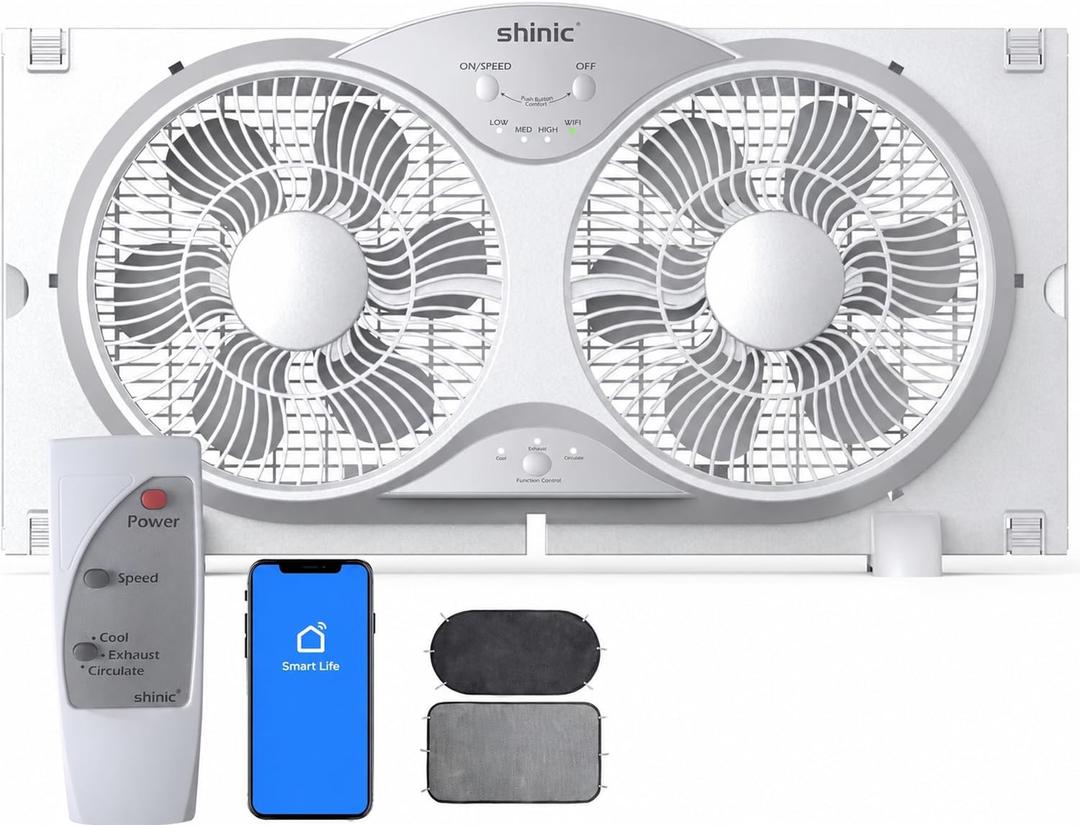 shinic 9" Twin Smart Window Fans with Exhaust and Intake, WiFi App Remote Control, 3 Speeds 3 Functions, Adjustable Width, Removable Cover, Bug Screen, Dual Window Fan Vertical for Bathroom Kitchen