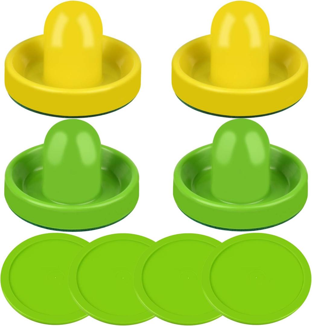 ONE250 Air Hockey Pushers and Red Air Hockey Pucks, Goal Handles Paddles Replacement Accessories for Game Tables (4 Striker, 4 Puck Pack) (Green & Yellow)