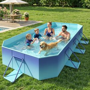 HeySplash Foldable Pool, Non-Inflatable Swimming Pool with Rigid Puncture-Proof Hard Composite Board, Kiddie Pool Outdoor Pool, Adults & Kids Pool for Backyard Garden Dog Pool 114"70"19", Ice Blue