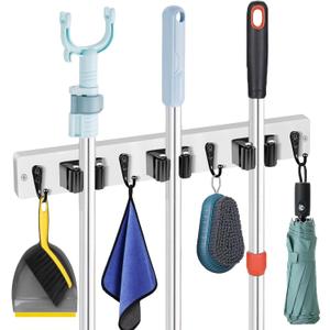 Mop and Broom Holder Wall Mount-Rustic Wood Broom Hanger Wall Mount | Laundry Room Organization and Storage Broom Organizer Wall Mount-Kitchen Decor Modern Farmhouse Wall Decor (Whites-3slots/4hooks)