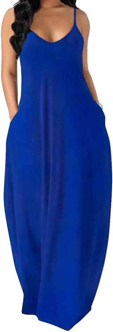 Women's Maxi Dresses Summer Spaghetti Strap Dress with Pockets, Small 
