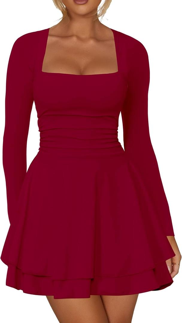 Kaximil Women's Square Neck Ruffle Hem Mini Dress Ruched Waist Long Sleeve Corset Short Party Dresses (Medium, Wine Red)
