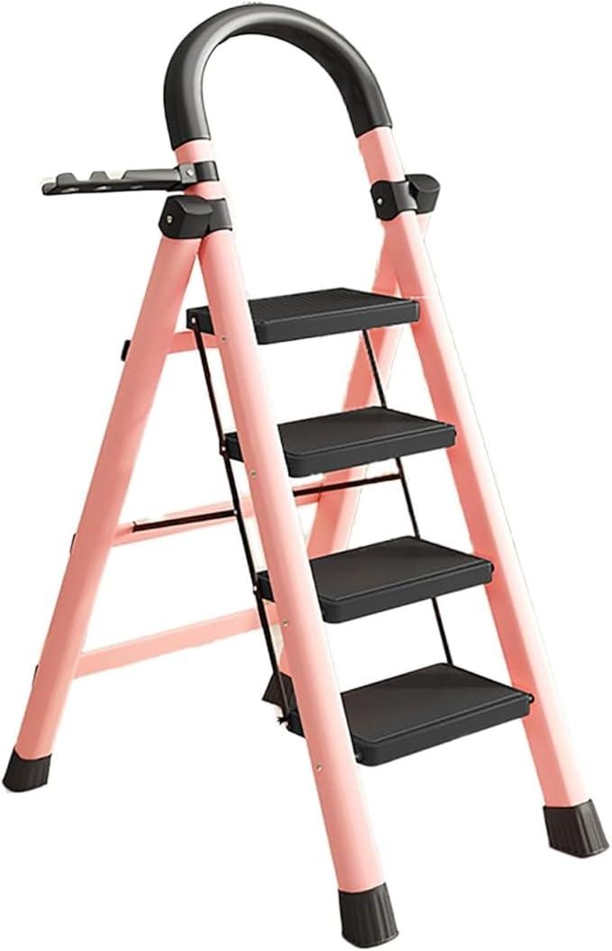 Sturdy Carbon Steel 4-Step Folding Ladder with Convenient Tool Holder, Anti-Slip Wide Pedals for Enhanced Safety -330lbs Capacity Stepladder for Home, Lightweight Portable Ideal for Home, Garage-Pink Sturdy Carbon Steel 4-Step Folding Ladder with Convenient Tool Holder, Anti-Slip Wide Pedals for Enhanced Safety -330lbs Capacity Stepladder for Home, Lightweight Portable Ideal for Home, Garage-Pink