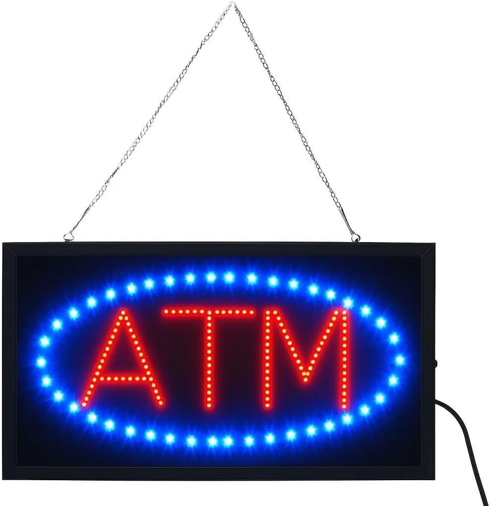 LED Neon ATM Open Sign with Animation  19x10 Inch Bright Light Up Window Sign for Stores, Gas Stations, and Retail  110/210V, Energy Efficient, Hanging Chain Included