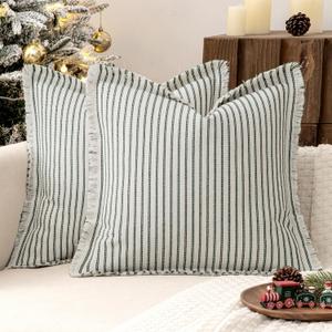 MIULEE Pack of 2 Christmas Dark Green Pillow Covers 20x20 Inch Striped Farmhouse Couch Throw Pillow Covers with Fringe Chic Linen Decorative Cushion Covers for Sofa Living Room Bed Outdoor Home Decor