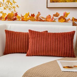 Kevin Textile Soft Stripe Corduroy Pillow Covers Pack of 2, Soild Plush Decorative Lumbar Cushion Cases for Home Decor Sofa Couch Bed Chair 12x20 Inch/30x50 cm (Burnt Brick)