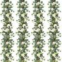 TOCHGREEN 4 Pack Artificial Eucalyptus Flower Garland with White Roses, Fake Rose Flower Greenery Garland Floral Vines for Wedding Home Party Table Runner Decor (4PCS, White)